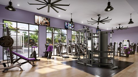 a gym with a lot of exercise equipment and windows